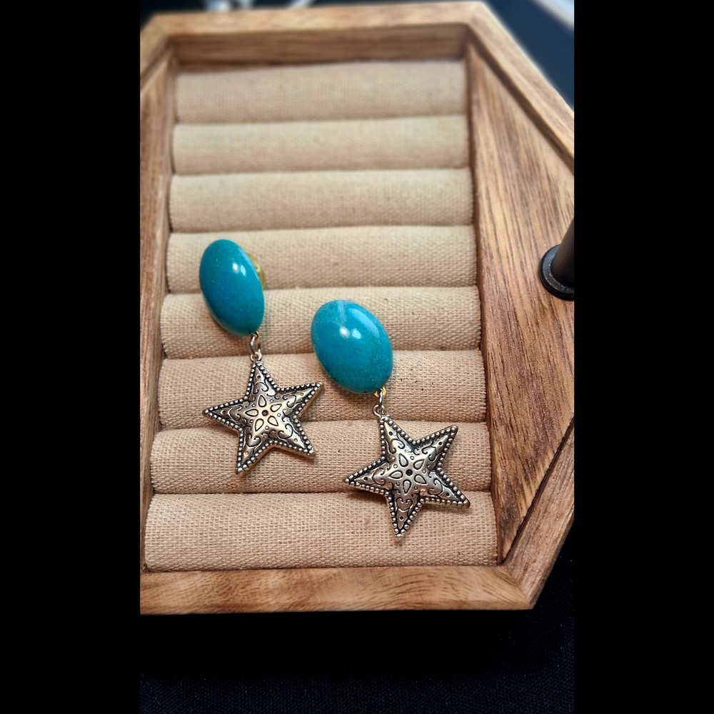 Turquoise Oval Stone Drop Earrings with Silver Star Charms